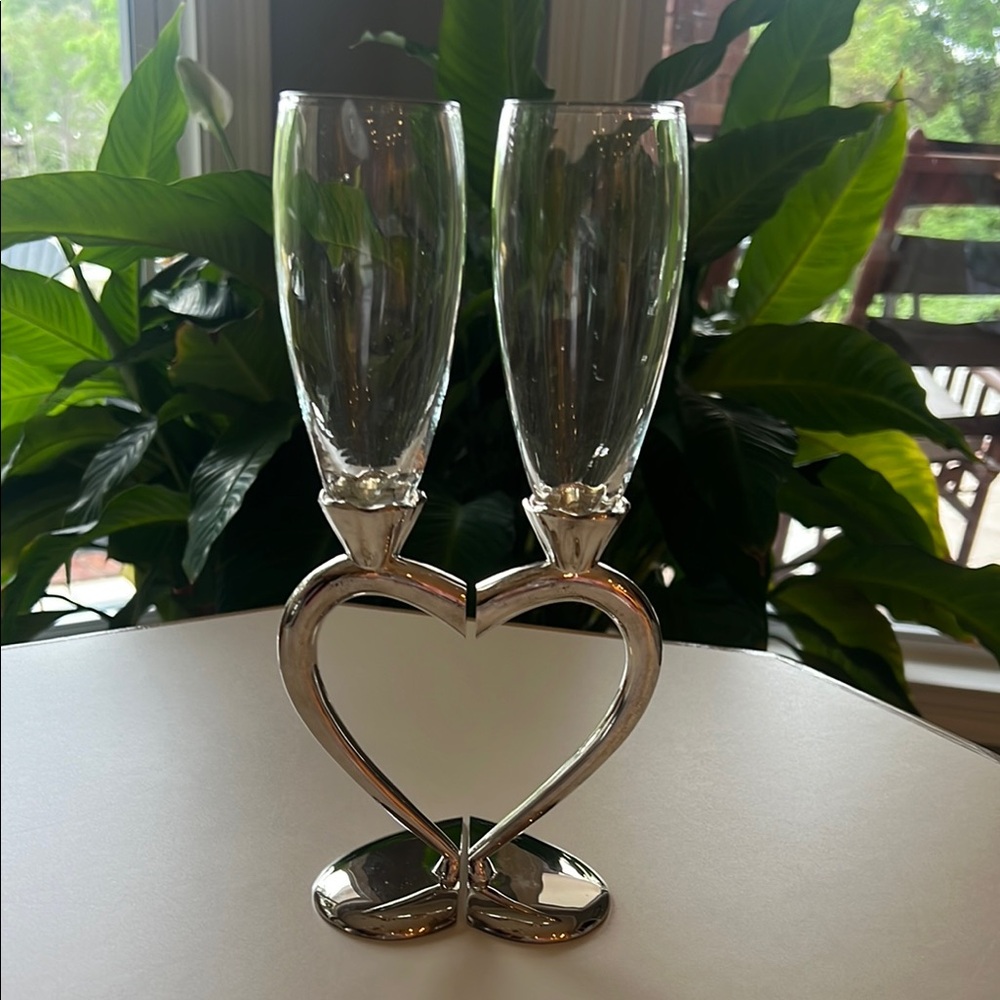 Heart-Shaped Silver Champagne Flutes